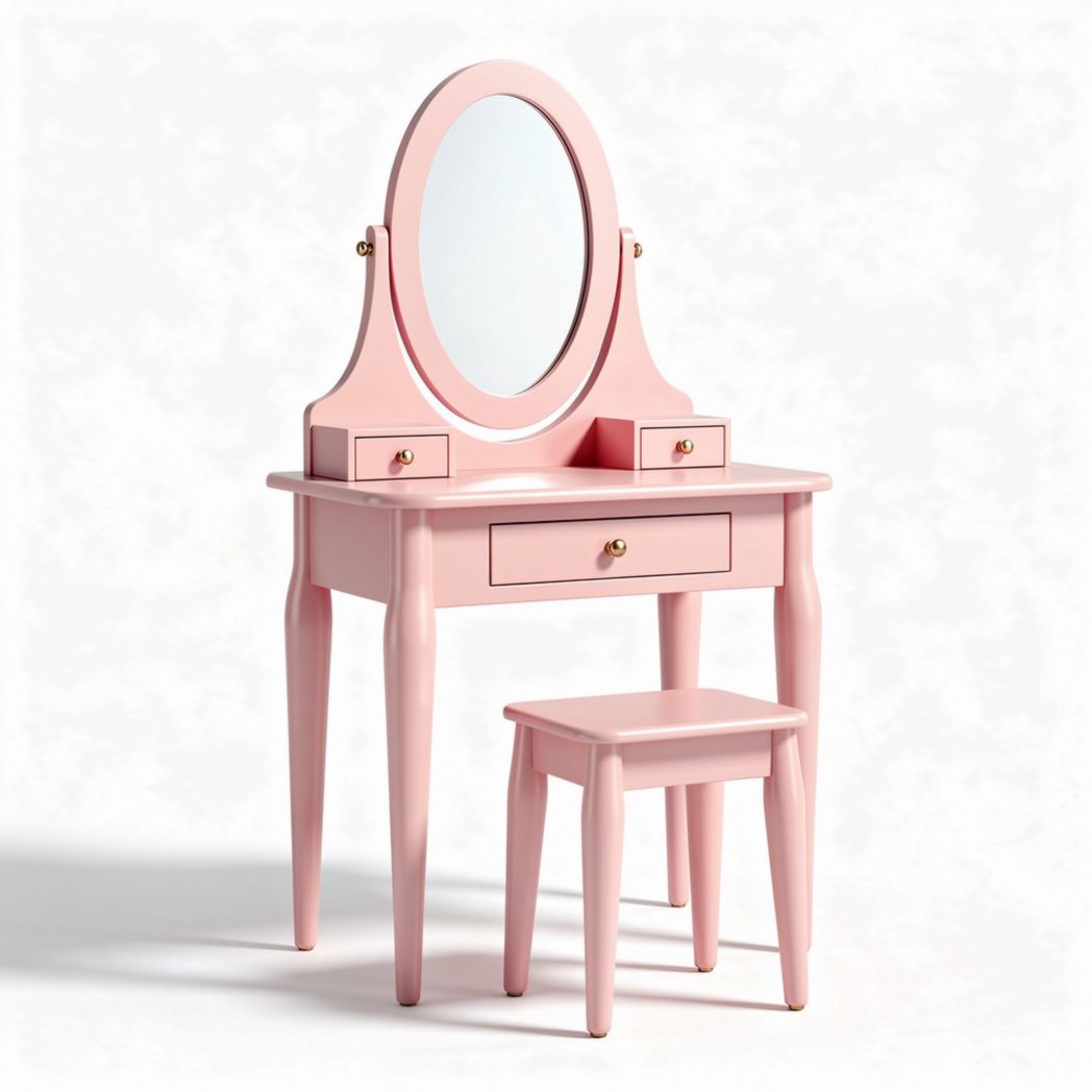Pink Vanity Table with Mirror and Stool – Suitable for Bedroom or Makeup Area – Made of Wood – 80 x 40 x 130cm